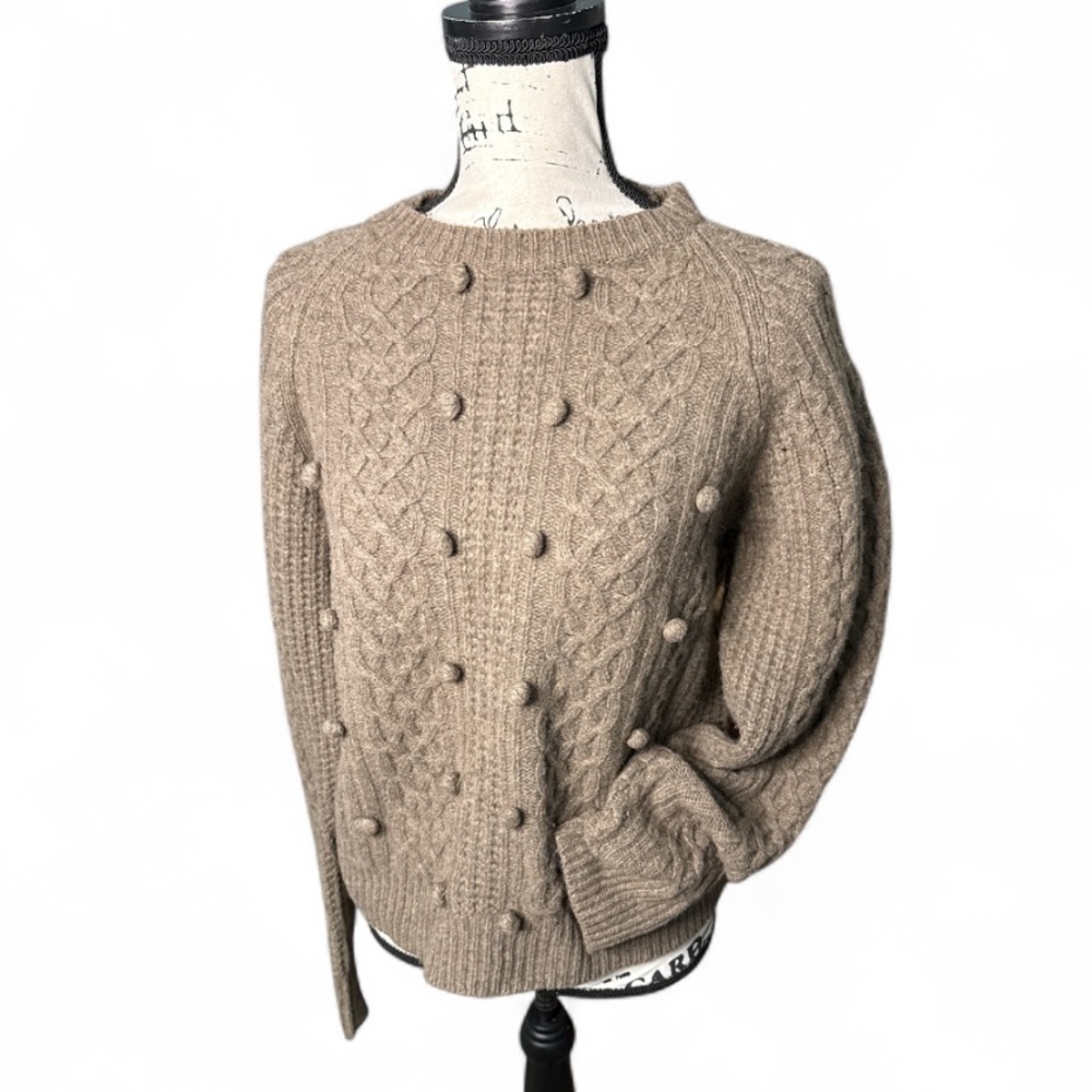 J.Crew NWT Lambswool Cable Knit Sweater L Brown Chunky Pom Pom Cozy Layer